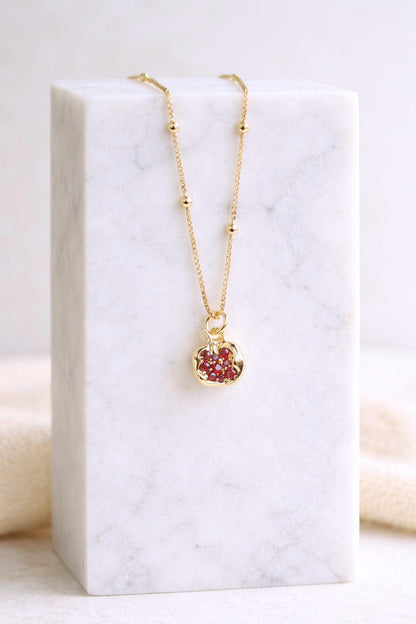 18K Gold Fill Garnet CZ Pomegranate Necklace – Symbol of Love and Good Luck Charm, Dainty Gemstone Pendant, January Birthstone Jewelry