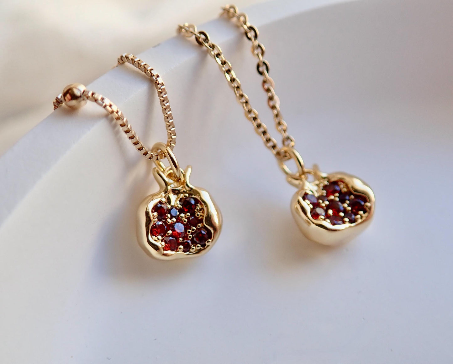 18K Gold Fill Garnet CZ Pomegranate Necklace – Symbol of Love and Good Luck Charm, Dainty Gemstone Pendant, January Birthstone Jewelry
