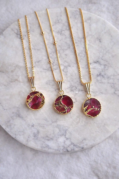Berry Garnet Necklace Gold, Mojave Gemstone Pendant, January  Birthstone Gift, Red Crystal Kintsugi Coin Pendant, Dainty Minimalist Jewelry