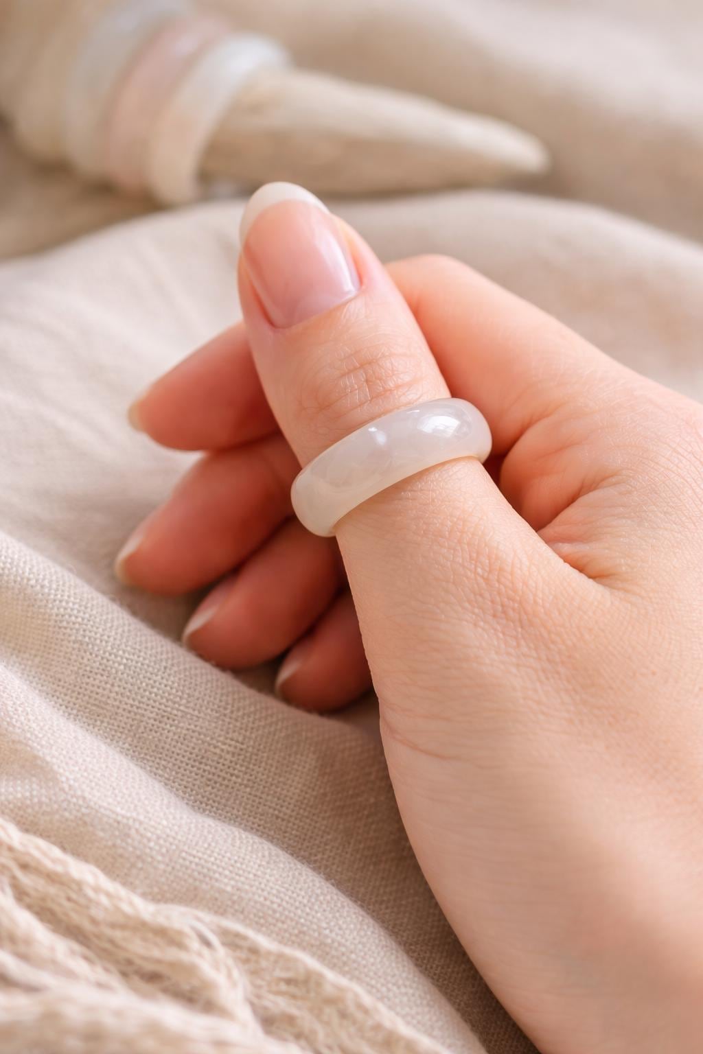 White Clear Solid Agate Stone Band Ring, Solid Gemstone Ring, Carved Stone Ring, Medium Stone Band Ring, Stacking Crystal Ring
