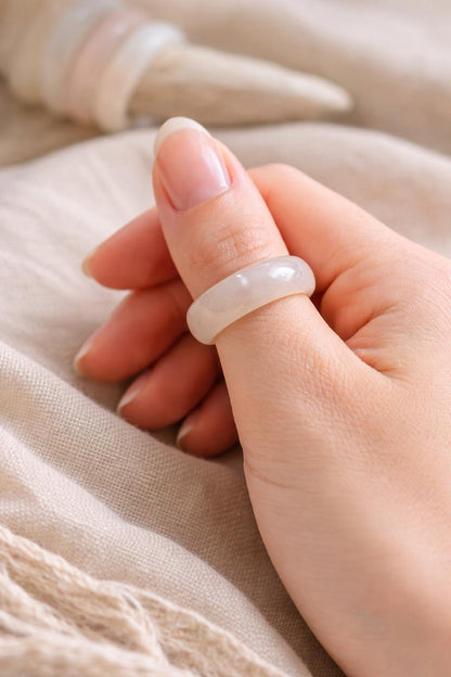 White Clear Solid Agate Stone Band Ring, Solid Gemstone Ring, Carved Stone Ring, Medium Stone Band Ring, Stacking Crystal Ring
