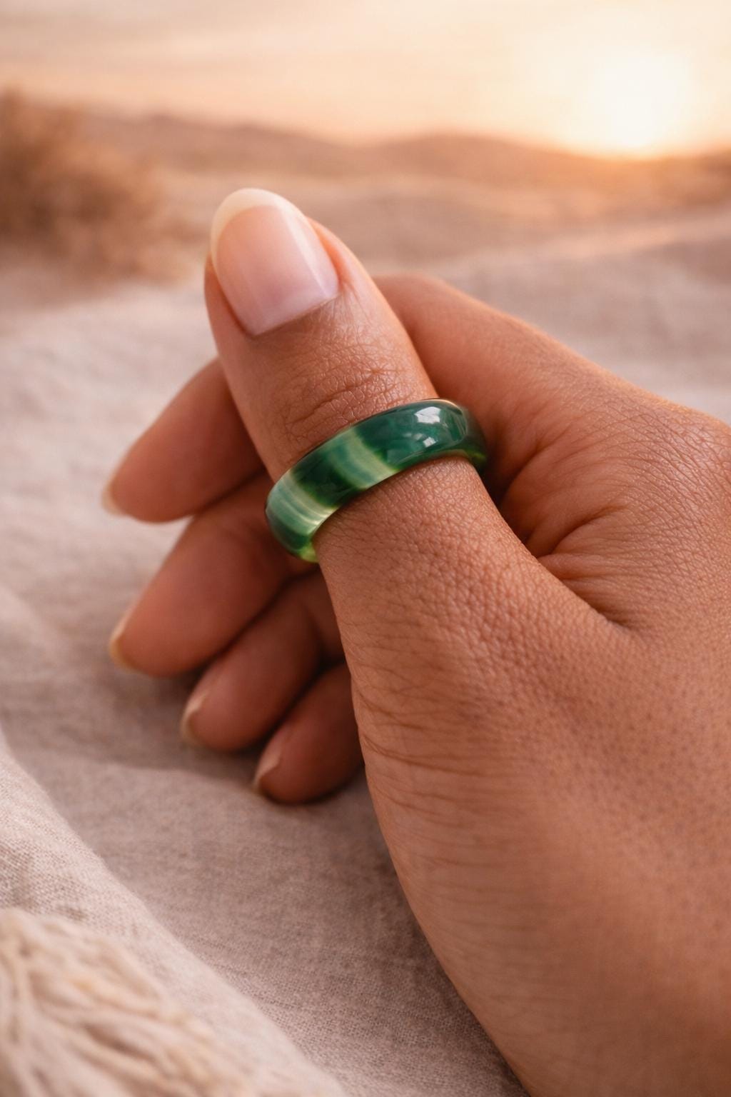 Solid Green Banded Agate Ring, Green Gemstone Carved  Stone Band, Solid Green Gemstone Ring, Medium Thick Thumb Ring
