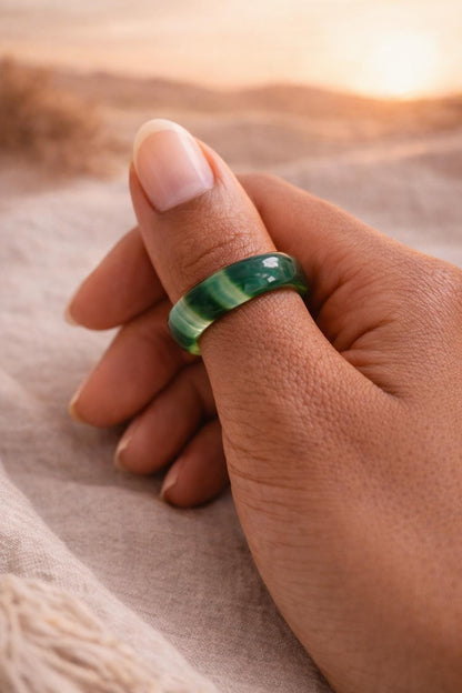 Solid Green Banded Agate Ring, Green Gemstone Carved  Stone Band, Solid Green Gemstone Ring, Medium Thick Thumb Ring