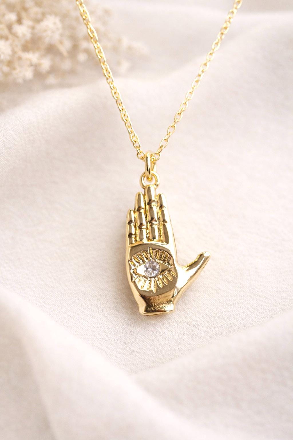 Hamsa Hand Necklace with Crystal, Gold Hand Pendant Necklace, Palm with Eye Necklace