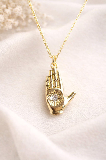 Hamsa Hand Necklace with Crystal, Gold Hand Pendant Necklace, Palm with Eye Necklace