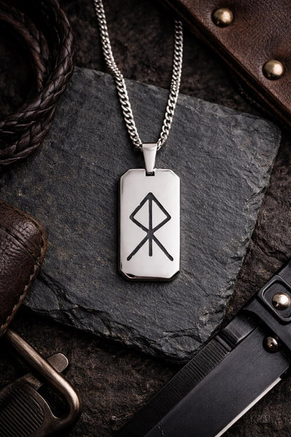 Mens Rune Necklace COURAGE,  Viking Silver Dog Tag Necklace, Father's Day Gift for Him, Mens Stainless Steel Necklace,Laser Engraved Jewelry