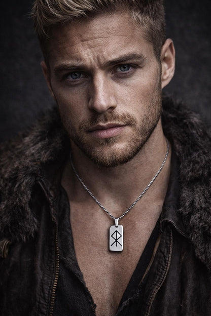 Mens Rune Necklace COURAGE,  Viking Silver Dog Tag Necklace, Father's Day Gift for Him, Mens Stainless Steel Necklace,Laser Engraved Jewelry