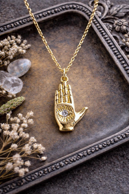 Hamsa Hand Necklace with Crystal, Gold Hand Pendant Necklace, Palm with Eye Necklace