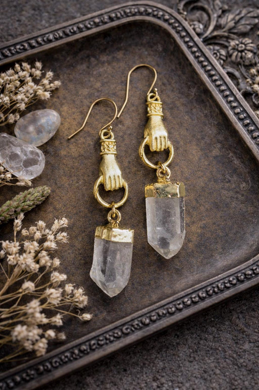 Gold Vermeil Quartz Point Figa Earrings | Raw Crystal Stone Dangles,