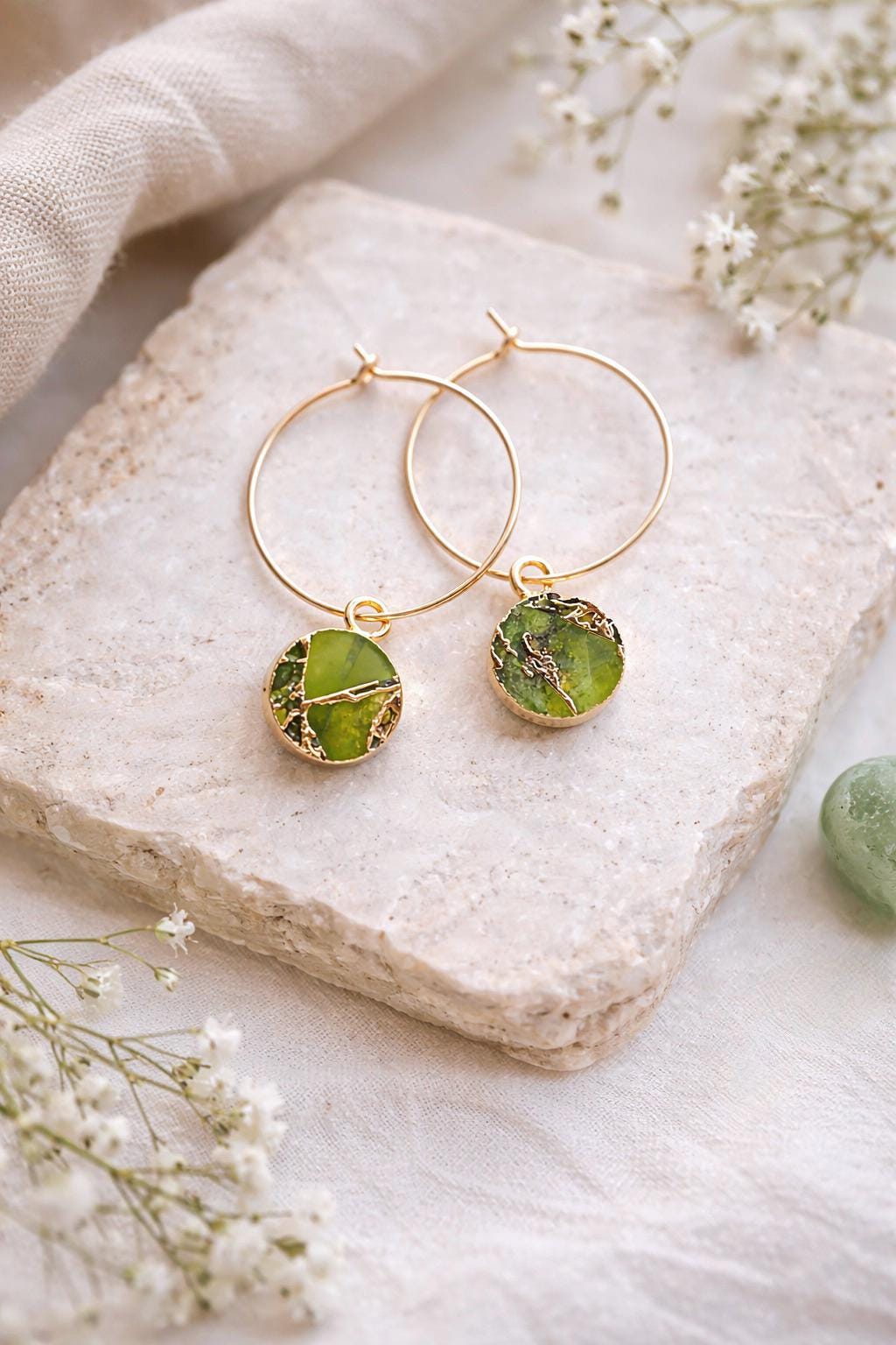 Peridot Mojave Hoop Earrings | Gold Filled Hoops with Kinstugi Style Gemstone Charms, August Birthstone Gift for Her