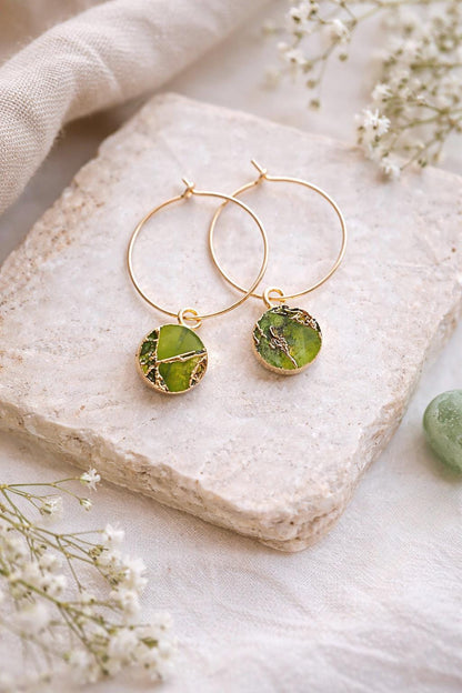 Peridot Mojave Hoop Earrings | Gold Filled Hoops with Kinstugi Style Gemstone Charms, August Birthstone Gift for Her