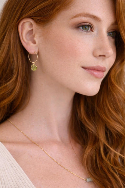Peridot Mojave Hoop Earrings | Gold Filled Hoops with Kinstugi Style Gemstone Charms, August Birthstone Gift for Her