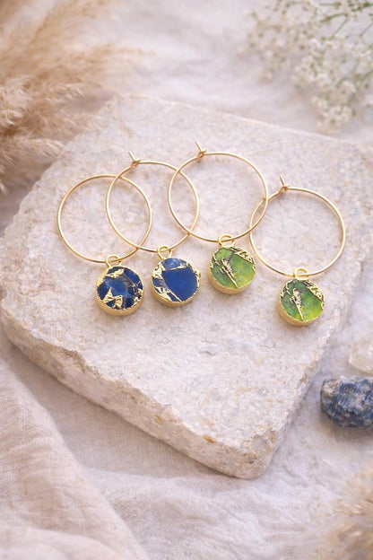 Blue Sapphire Mojave Hoop Earrings |  Gold Filled Hoops with Gemstone Charm, Kintsugi Earrings, September Birthstone