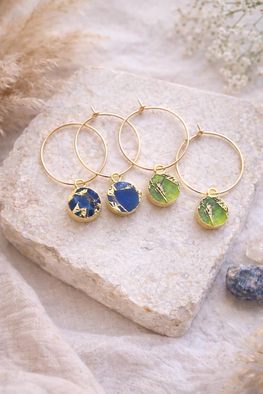 Peridot Mojave Hoop Earrings | Gold Filled Hoops with Kinstugi Style Gemstone Charms, August Birthstone Gift for Her