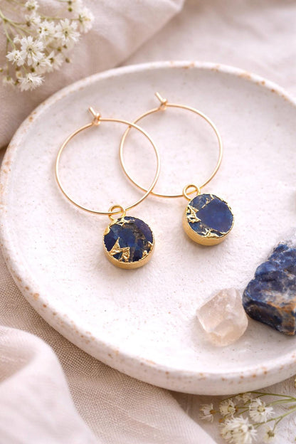 Blue Sapphire Mojave Hoop Earrings |  Gold Filled Hoops with Gemstone Charm, Kintsugi Earrings, September Birthstone