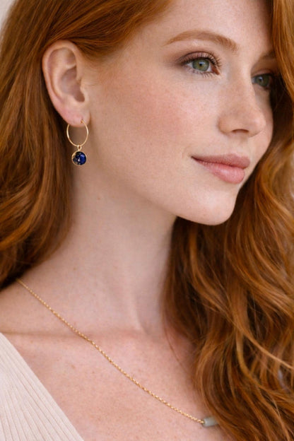 Blue Sapphire Mojave Hoop Earrings |  Gold Filled Hoops with Gemstone Charm, Kintsugi Earrings, September Birthstone