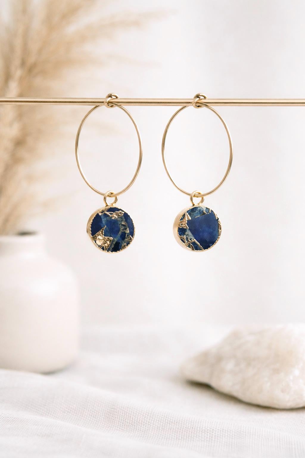 Blue Sapphire Mojave Hoop Earrings |  Gold Filled Hoops with Gemstone Charm, Kintsugi Earrings, September Birthstone