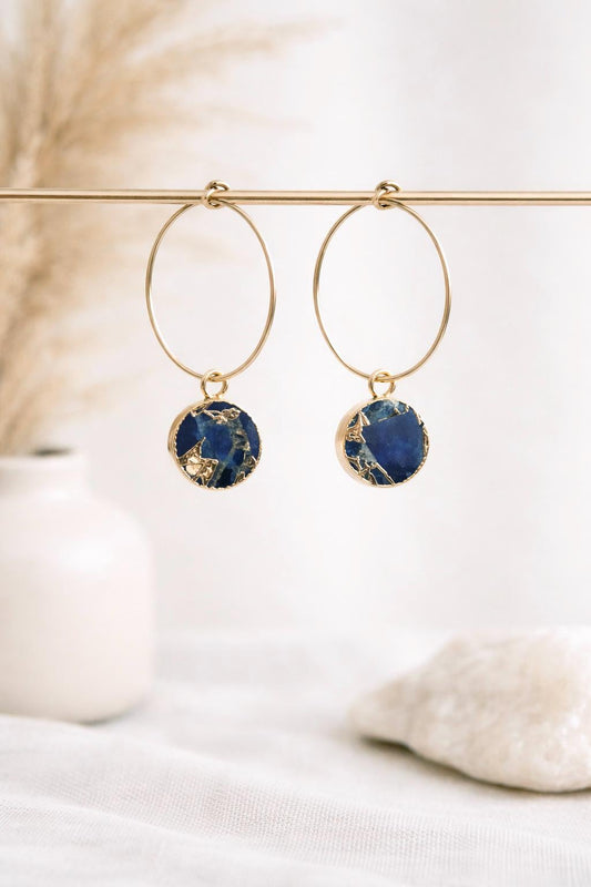 Blue Sapphire Mojave Hoop Earrings |  Gold Filled Hoops with Gemstone Charm, Kintsugi Earrings, September Birthstone