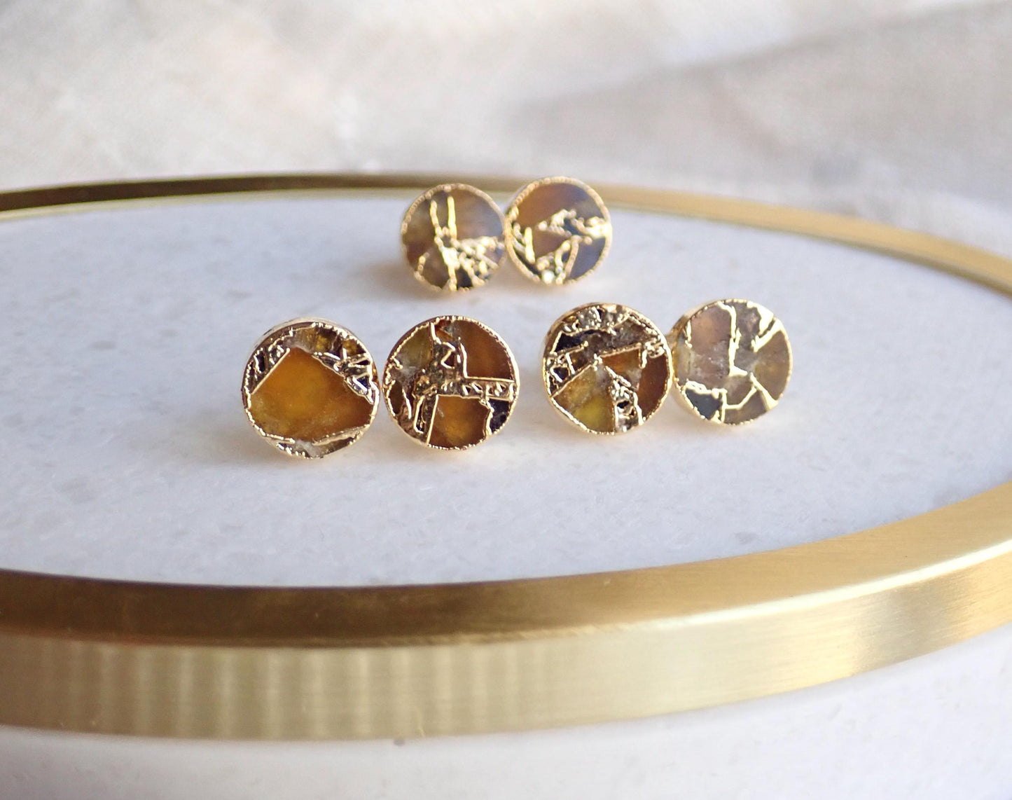 Gold Citrine Stud Earrings – Mojave Gemstone Post Earrings – Kintsugi Style Round Studs – November Birthstone Jewelry for Her