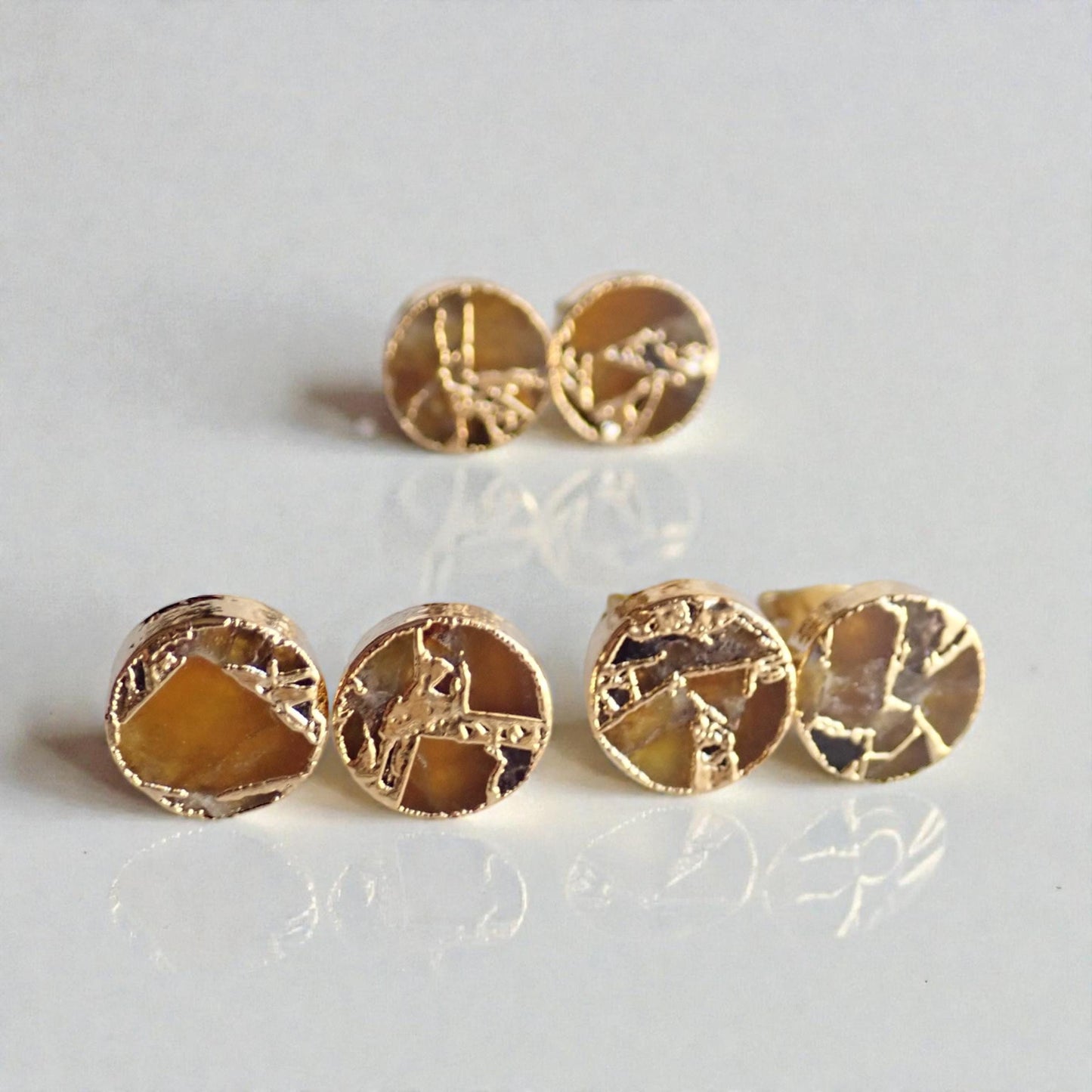 Gold Citrine Stud Earrings – Mojave Gemstone Post Earrings – Kintsugi Style Round Studs – November Birthstone Jewelry for Her