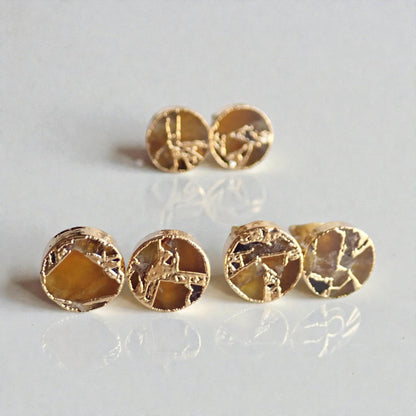 Gold Citrine Stud Earrings – Mojave Gemstone Post Earrings – Kintsugi Style Round Studs – November Birthstone Jewelry for Her