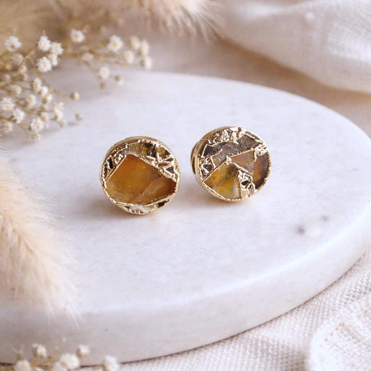Gold Citrine Stud Earrings – Mojave Gemstone Post Earrings – Kintsugi Style Round Studs – November Birthstone Jewelry for Her