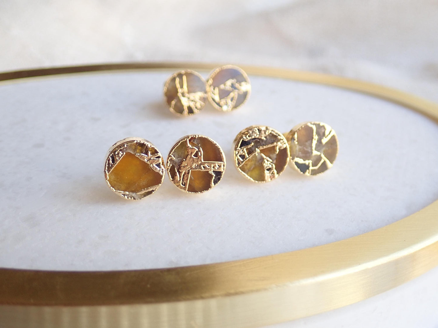 Gold Citrine Stud Earrings – Mojave Gemstone Post Earrings – Kintsugi Style Round Studs – November Birthstone Jewelry for Her