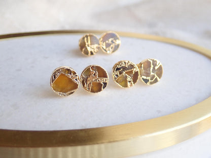 Gold Citrine Stud Earrings – Mojave Gemstone Post Earrings – Kintsugi Style Round Studs – November Birthstone Jewelry for Her
