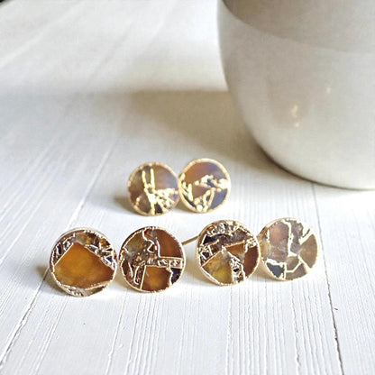 Gold Citrine Stud Earrings – Mojave Gemstone Post Earrings – Kintsugi Style Round Studs – November Birthstone Jewelry for Her