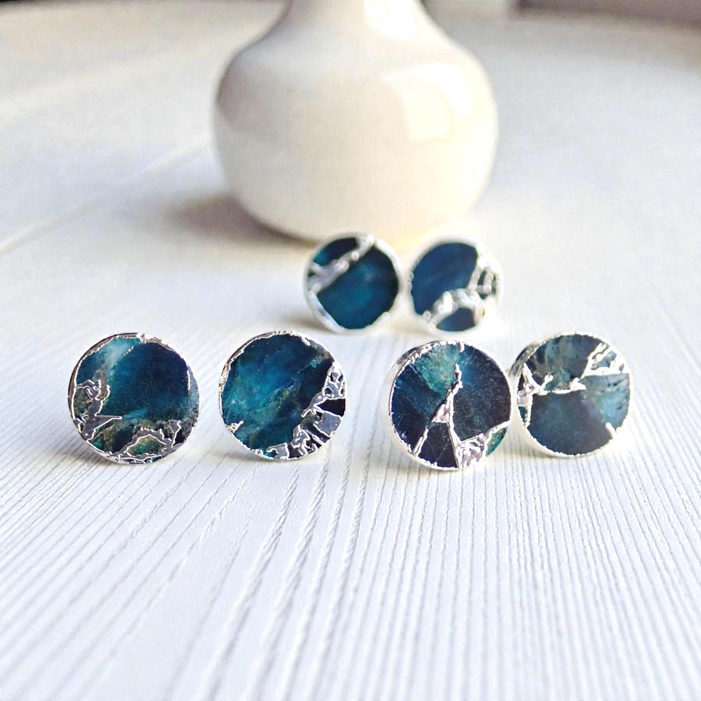 Deep Ocean Blue Mojave Turquoise Stud Earrings Silver  | Kintsugi Style Round Gemstone Studs