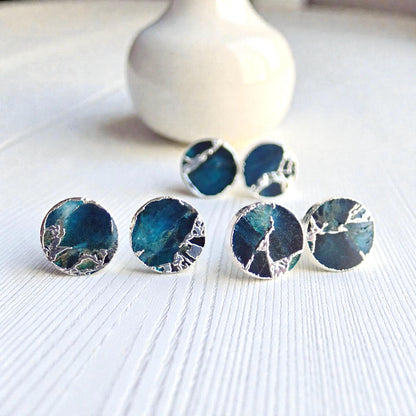 Deep Ocean Blue Mojave Turquoise Stud Earrings Silver  | Kintsugi Style Round Gemstone Studs