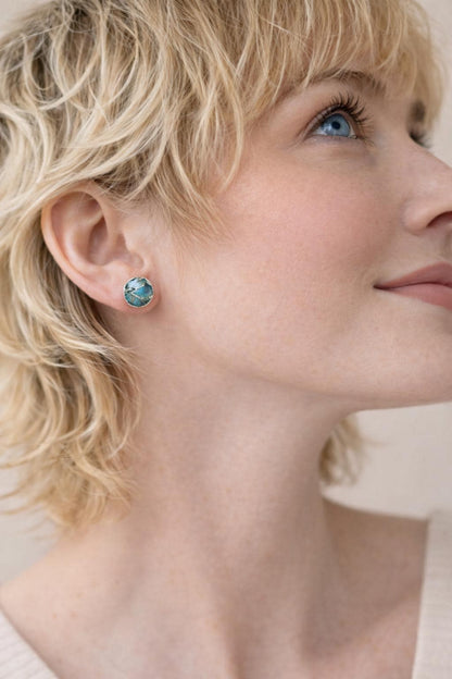 Deep Ocean Blue Mojave Turquoise Stud Earrings Silver  | Kintsugi Style Round Gemstone Studs