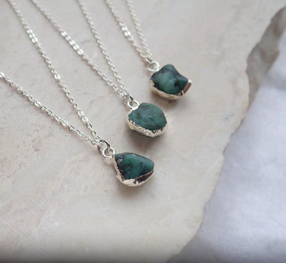 Raw Emerald Pendant Necklace Silver, Natural May Birthstone Jewelry, Dainty Green Gemstone Charm, Emerald Jewelry, Gift for her