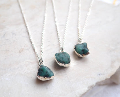 Raw Emerald Pendant Necklace Silver, Natural May Birthstone Jewelry, Dainty Green Gemstone Charm, Emerald Jewelry, Gift for her