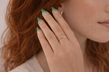 Gold Crossover Ring, Waterproof Gold X Ring, Minimalist Open Band Ring