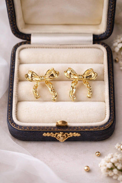 18k Gold Filled Bow Studs Earrings, Gold Ribbon Earrings, Bowtie Knot Earrings