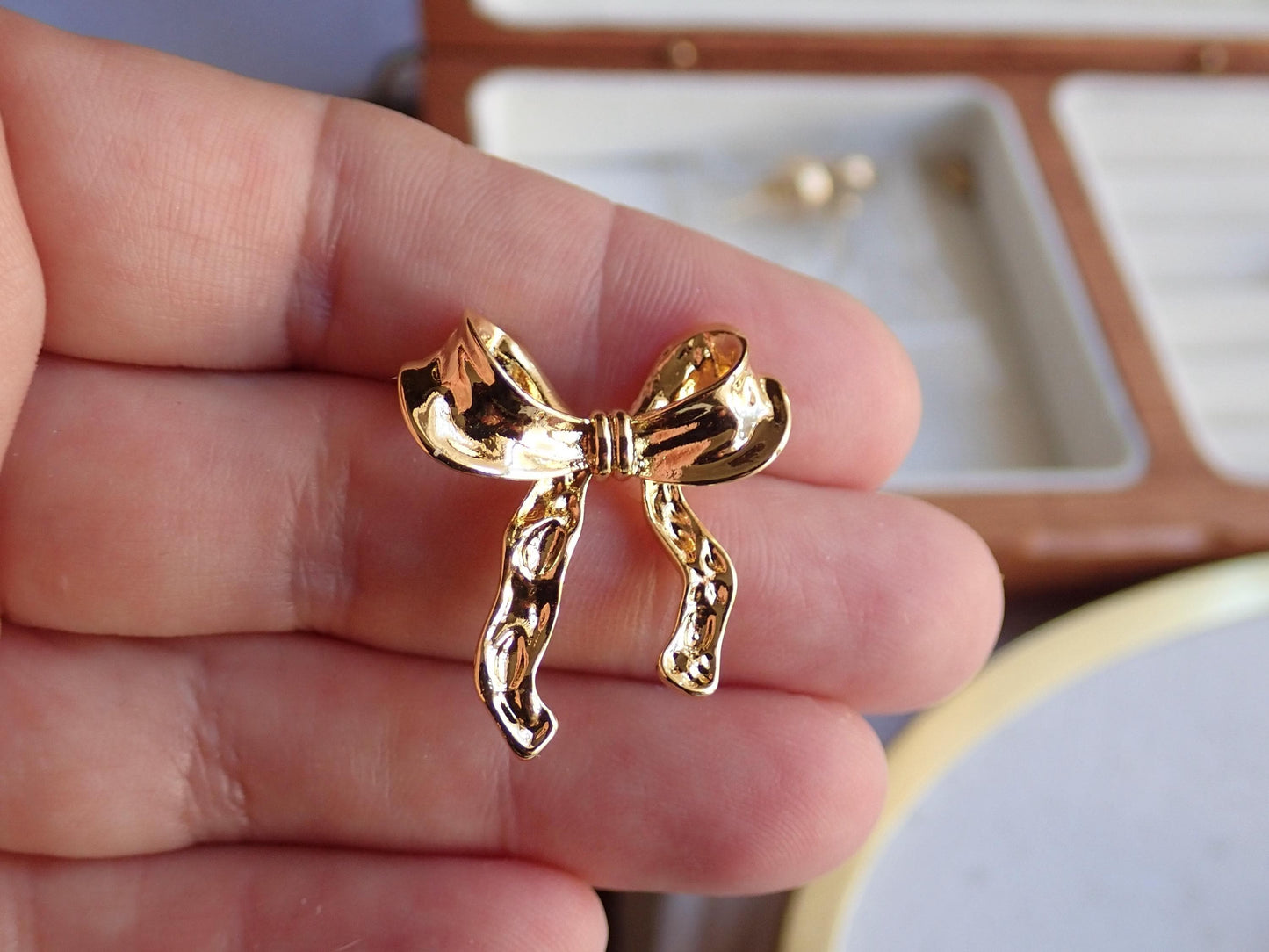 18k Gold Filled Bow Studs Earrings, Gold Ribbon Earrings, Bowtie Knot Earrings