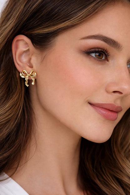 18k Gold Filled Bow Studs Earrings, Gold Ribbon Earrings, Bowtie Knot Earrings