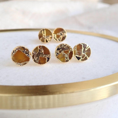 Gold Citrine Stud Earrings – Mojave Gemstone Post Earrings – Kintsugi Style Round Studs – November Birthstone Jewelry for Her