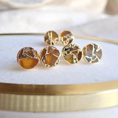 Gold Citrine Stud Earrings – Mojave Gemstone Post Earrings – Kintsugi Style Round Studs – November Birthstone Jewelry for Her
