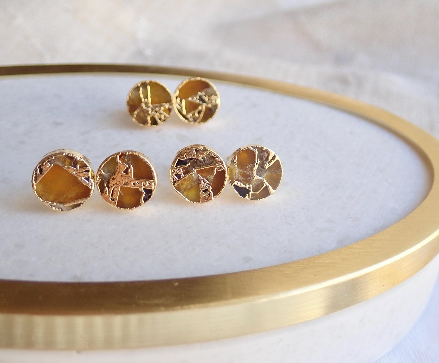 Gold Citrine Stud Earrings – Mojave Gemstone Post Earrings – Kintsugi Style Round Studs – November Birthstone Jewelry for Her