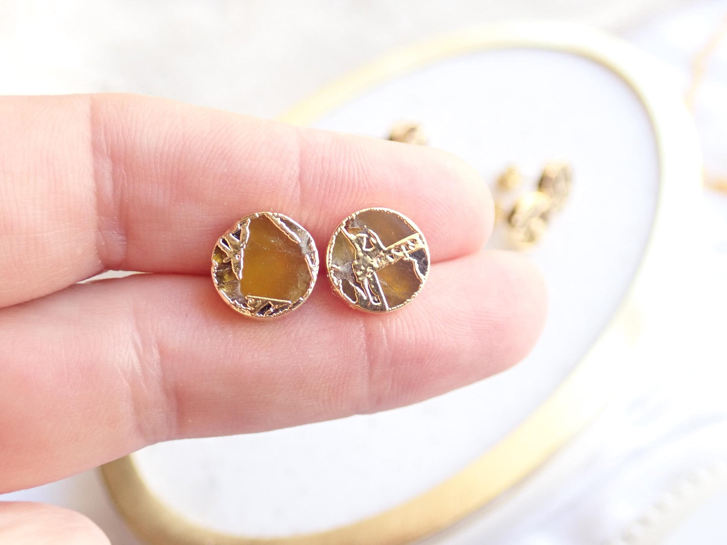 Gold Citrine Stud Earrings – Mojave Gemstone Post Earrings – Kintsugi Style Round Studs – November Birthstone Jewelry for Her