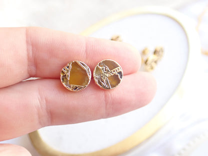 Gold Citrine Stud Earrings – Mojave Gemstone Post Earrings – Kintsugi Style Round Studs – November Birthstone Jewelry for Her