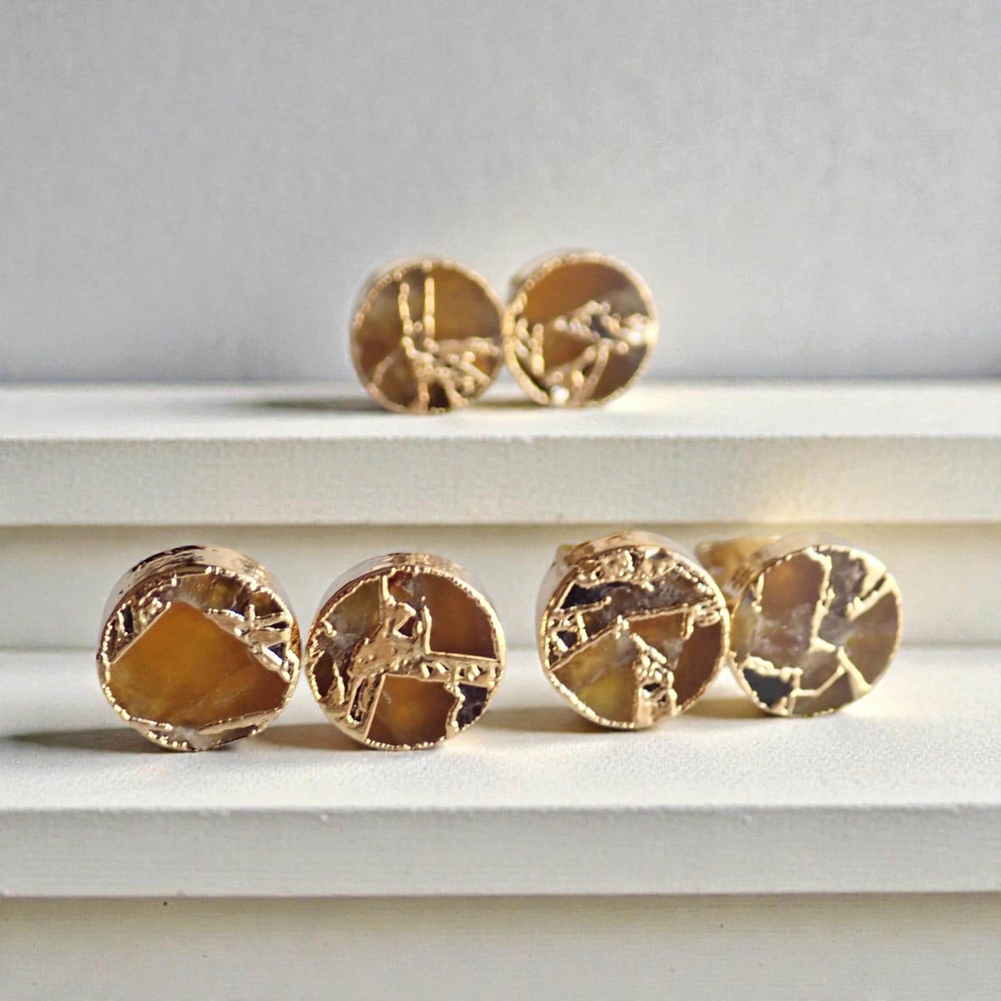 Gold Citrine Stud Earrings – Mojave Gemstone Post Earrings – Kintsugi Style Round Studs – November Birthstone Jewelry for Her