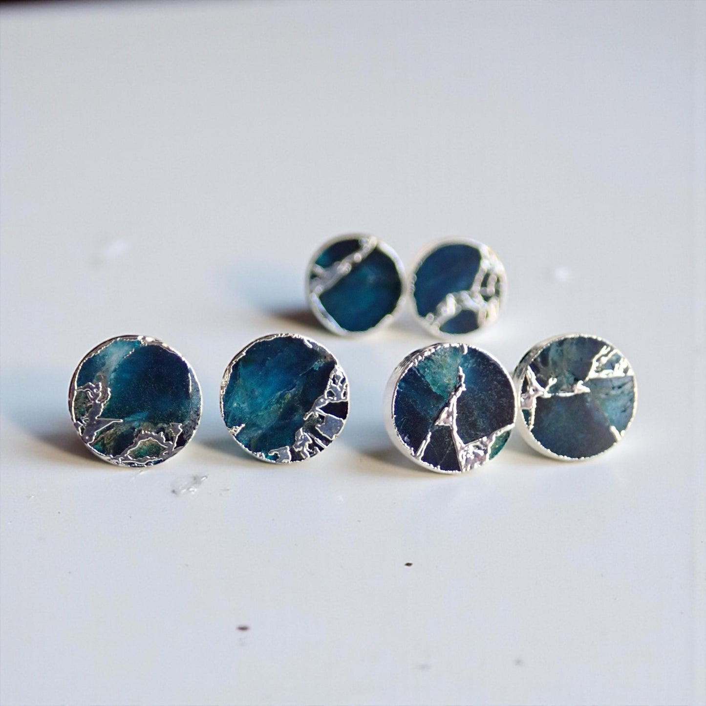 Deep Ocean Blue Mojave Turquoise Stud Earrings Silver  | Kintsugi Style Round Gemstone Studs