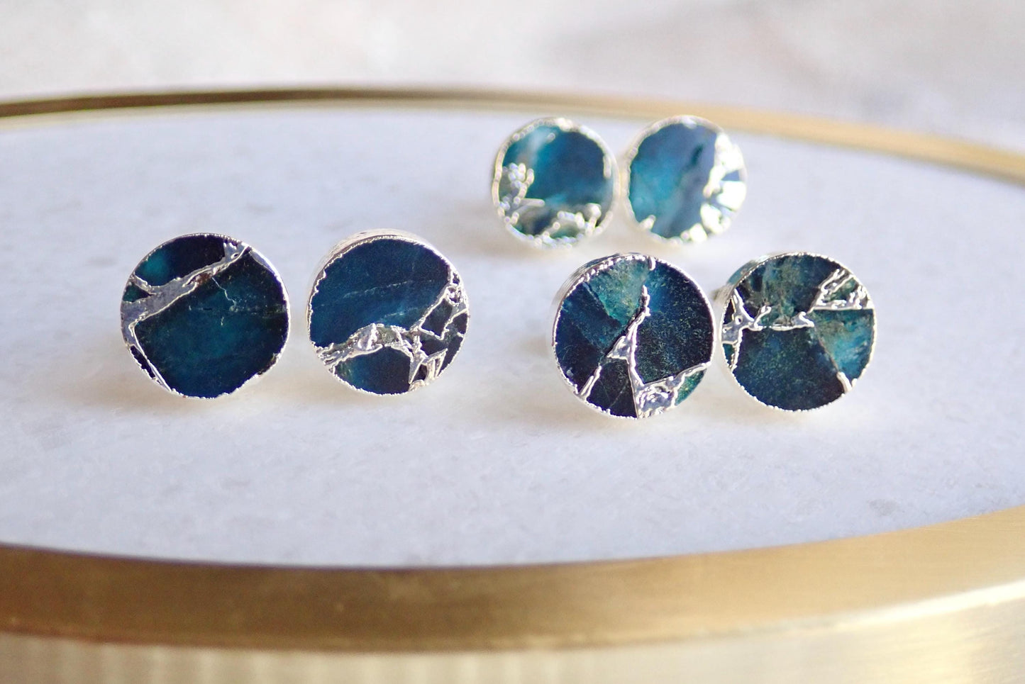 Deep Ocean Blue Mojave Turquoise Stud Earrings Silver  | Kintsugi Style Round Gemstone Studs