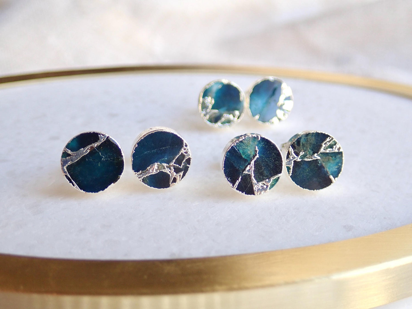 Deep Ocean Blue Mojave Turquoise Stud Earrings Silver  | Kintsugi Style Round Gemstone Studs
