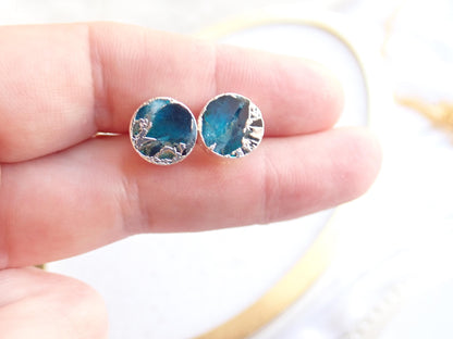 Deep Ocean Blue Mojave Turquoise Stud Earrings Silver  | Kintsugi Style Round Gemstone Studs