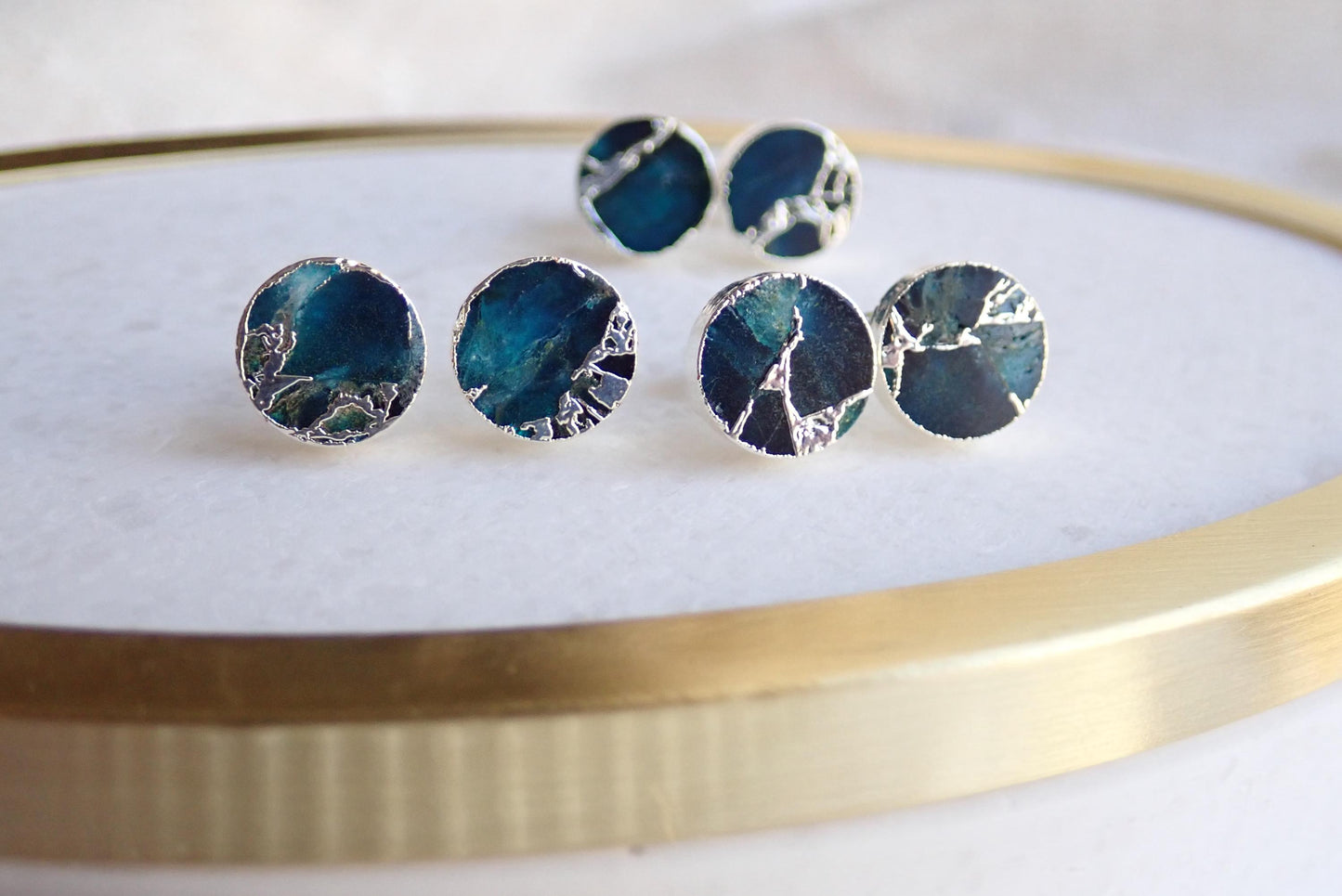 Deep Ocean Blue Mojave Turquoise Stud Earrings Silver  | Kintsugi Style Round Gemstone Studs