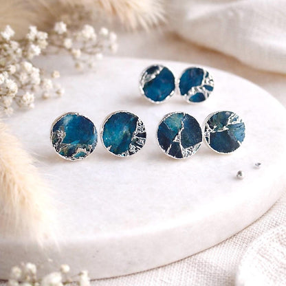 Deep Ocean Blue Mojave Turquoise Stud Earrings Silver  | Kintsugi Style Round Gemstone Studs